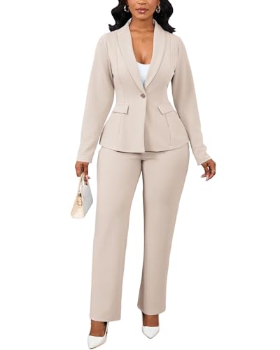 2 Piece Blazer Set for Women Dressy Straight Leg Pants Suit Professional Business Formal Office Work Outfits Beige M