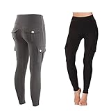Women's Pocket Sexy Stretch Leggings Fitness Track Pants, Women Butt Lifting Yoga Pants with 4 Pockets (Black+Grey, XL)