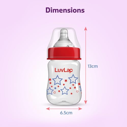 Luvlap Anti-Colic Wide Neck Natura Flo Baby Plastic Feeding Bottle, 150Ml, New Born/Infants/Toddler Upto 3 Years, Stars, BPA Free