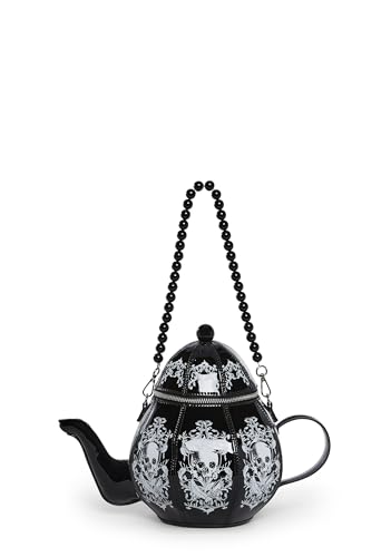 Dolls Kill Dark Delights Teapot Bag by Widow – Vegan Leather Skull Print Bag with Detachable Pearl Strap and Mini Teacup Charm