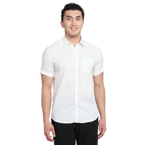 Image of Parx Men Slim Fit Solid Pattern Pure Cotton Button Down Collar Half Sleeve Casual Shirt