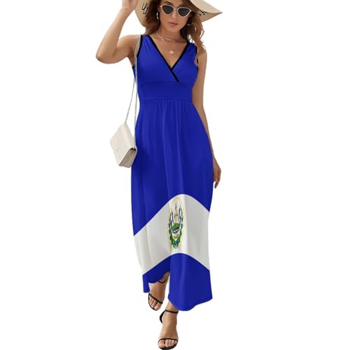 QUPFEOMY El Salvador Flag Summer Dresses for Women Casual Beach Sleeveless Sundress S