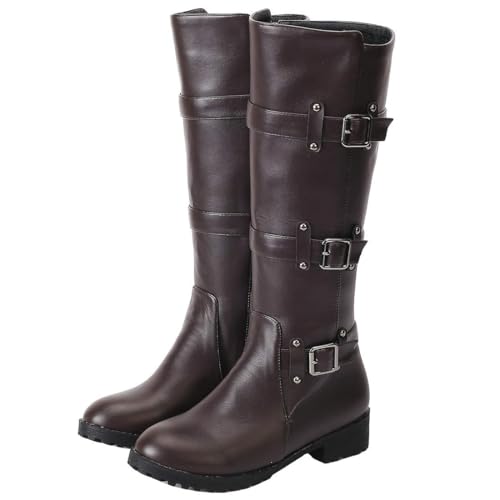 MAVMAX Women's Zipper Knee High Moto Boots Round Toe Motorcycle Boots Chunky Low Heel Biker Booties Buckle Long Riding Boot