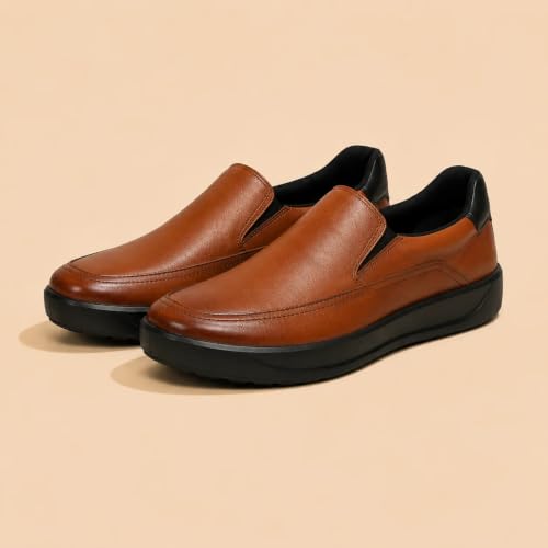 Image of Ergon Denver Genuine Leather Men's Formal Slip-On Shoes | Available in Black, Tan & Tan Napa | Cushioned Comfort | Office, Business Sizes UK 6-11