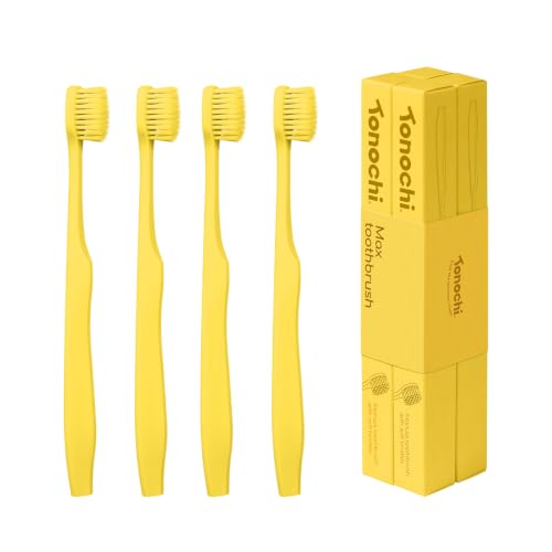 Image of Extra Soft Bristle Toothbrushes for Adults, 4-Pack, Yellow | Gentle on sensitive gums, ultra-soft tapered bristles, reaches back molars, non-slip grip, individually wrapped, BPA-Free
