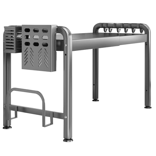 Zjyufy Estante extensible para horno microondas, soporte para horno microondas de 2 niveles con soporte para tabla de cortar y 6 ganchos, estante ajustable para microondas, organizador de estante de