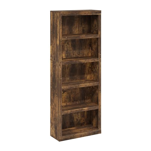 Image of Furinno Rail Book Shelf, 5-Tier Bookshelf with Open Shelf, Bookcase with Classic Style Edges, 10 x 24.6 x 63.5, for Organization and Storage, for Living Room, Bedroom, Home Office, Amber Pine
