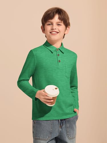 Haloumoning Boys Long Sleeve Polo Shirts Kids Casual Button School Uniform Shirts with Chest Pocket 5-14 Years2