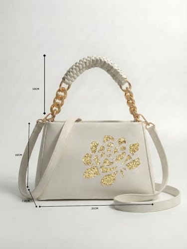 Image of LIKE STYLE Women's PU Sling Bag with Gold Glitter Floral Print | Dual Compartment Crossbody & Shoulder Bag with Braided Handle | Stylish Zip Closure Handbag for Office & Daily Use | Durable Material