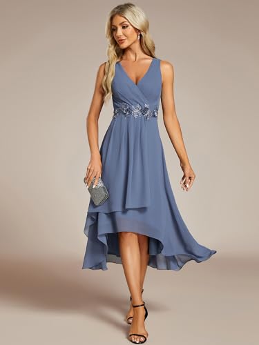 Ever-Pretty Women's Hi-Lo Sleeveless V Neck Appliques Flowy Chiffon Midi Formal Dress for Wedding Guest 419263