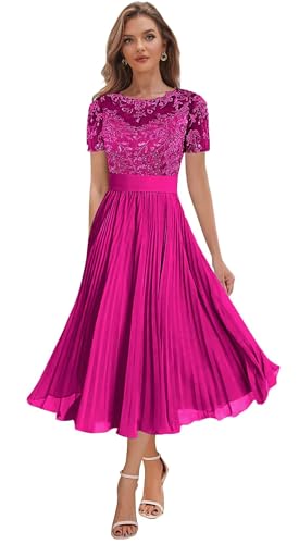 Tea Length Mother of The Bride Dresses with Sleeves Lace Formal Dress for Women Chiffon Ruched Evening Gown