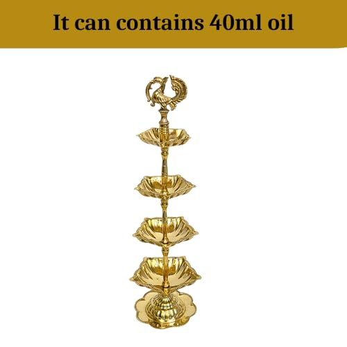 Image of Handcrafted Double Brass Diya with Peacock Design | Traditional Brass Oil Lamp for Puja, Temple & Home Decoration | Antique Finish Deepak for Festivals (Quadruple)