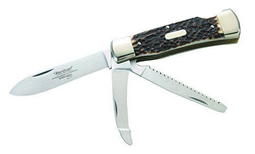 Hartkopf Jagdtaschenmesser Hirschhorn Klinge 1.4110 Stahl, Säge und Aufbrechklinge 1.4034 Stahl, Neusilberbacken