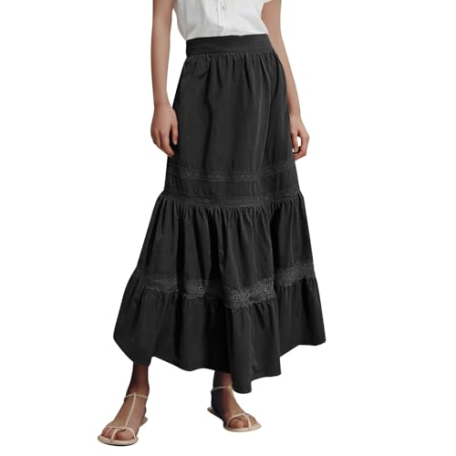 Falda midi retro lisa en forma de A con ribete de encaje para mujer, tallas grandes, Negro , S