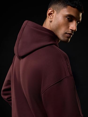 Image of The Souled Store Spiderman: Spider Power Men and Boys Full Sleeves Hooded Neck Maroon Embroidered Cotton Blend Oversized Fit Winter Wear Pullover Hoodie