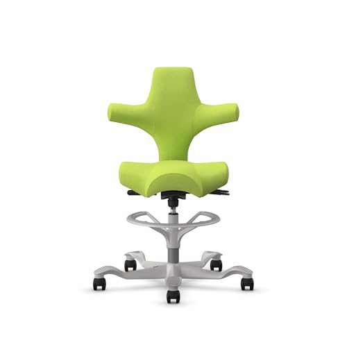 Image of HAG Capisco Sit to Stand Chair-Silver Frame-Upholstered Bright Green-with Foot Ring