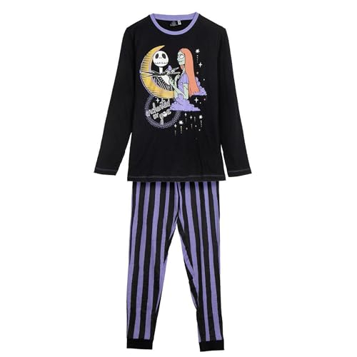 Pijama de Invierno de Pesadilla Antes de Navidad - Morado y Negro - Talla M - Pijama Largo Fabricado en Algodón de 220 gsm 100% - Estampado de Jack y Sally - Producto Original Diseñado en España