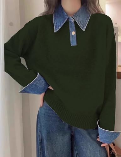 Image of Womens Denim Lapel Sweater Oversized Long Sleeve Button Down Polo Knit Pullover Sweaters 2025 Fall Outfits