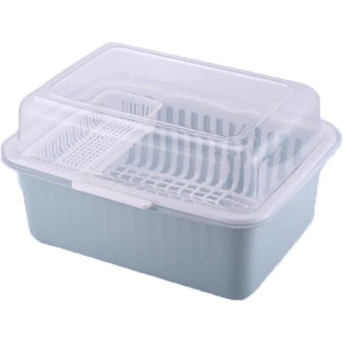 Qfmr水切りラック 食器収納 食器ラック キッチン収納 蓋付き 箸立て 乾燥ボックス 収納 大容量 防塵 防汚 抗菌 プラスチック収納ボックス 多機能バスケット 洗濯 掃除用 家庭用/業務用使用、ディッシュラック、大容量 (ブルー,L)