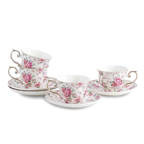 Agyiuns tea cups and saucers ceramic coffee mug 6oz for Coffee, Latte, Cafe Mocha and Tea-Set of 4 (Big flowers-Set of 4)