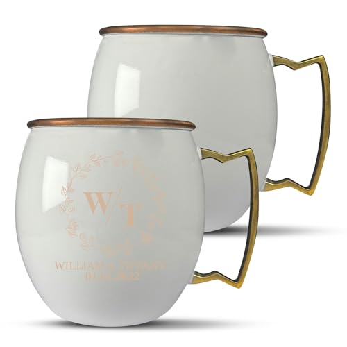 Custom 100% Copper Moscow Mule with Smooth Painted Finish - Engraved Bar Style Copper Cup with Personalize Monogram Themed Engraving, Brass Handle | 18 oz, White | Set of 2