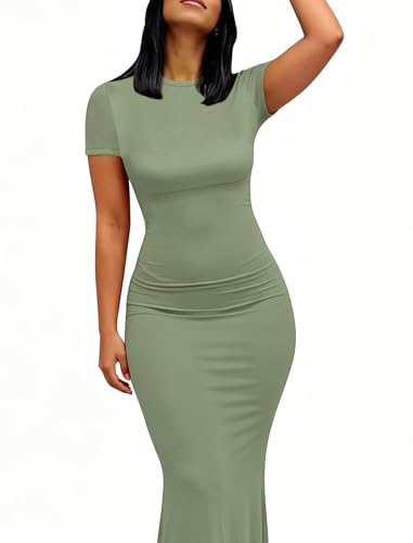 Image of Womens Summer Short Sleeve Square Neck Elegant Casual Lounge Bodycon Slim Maxi Evening Party Long Dress