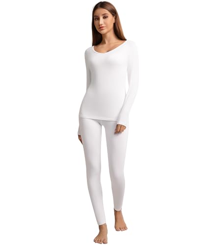 WiWi Thermal Underwear for Women Long Johns Base Layer Pajama Sets Thermals Long Sleeve Top & Bottom Bamboo Viscose Pjs S-XXL, Raw White, X-Large