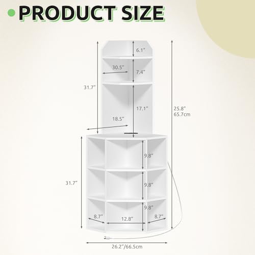 GOOBED Corner Shelf Cabinet, Modern Corner Storage Rack with Charging Station, Wooden Display Bookshelf Bookcase for Living Room, Bedroom, Dining Room, Kitchen, White