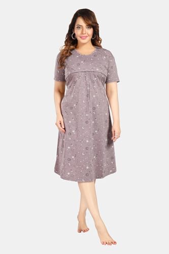 Image of Fabme Women's Above Knee Length Printed Pre and Post Pregnancy Pure Cotton Nursing Nightdress Nighty