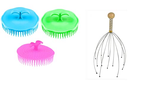 VAHICHA Round Plastic Hair Washing Combs Hair Massager Shower Brush Hair Washing Tools for Men and Women Multicolor (Pack of 3) + scalp massager