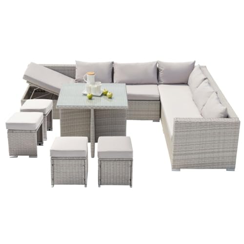 CONCEPT USINE | Salon de Jardin Samoa Encastrable 10 Places | Résine Tressée 4 Fils Gris Clair | Table Haute en Verre Trempé | Canapé d'angle Inclinable avec Coffre de Rangement | 4 Poufs et Coussins