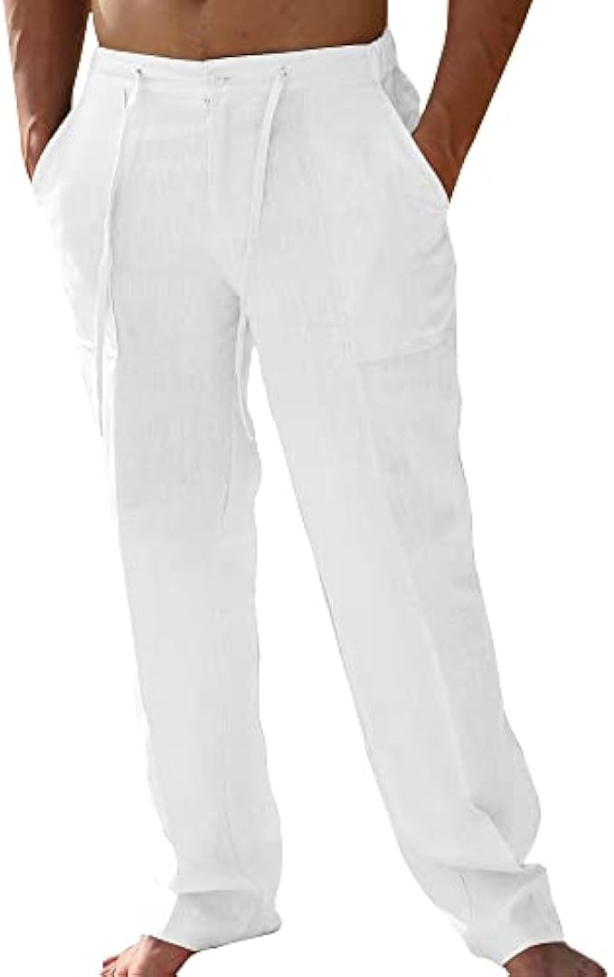 PASLTER Mens Casual Linen Pants Loose Fit Straight-Legs Elastic Drawstring Waist Summer Beach Yoga Long Pants