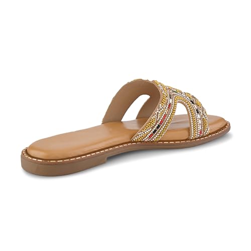 Image of Centrino Women's Beaded Flat Sandals | Stylish Gold Crystal Slip-On with Ornate Cutout Design | Soft Cushioned Footbed |Elegant & Trendy Open Toe Slip-On | Luxury Footwear for Wedding /Party (9301)