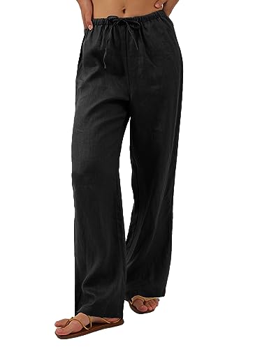 Amazhiyu Women's Pure Linen Trouser, Summer Ladies Loose Fit Casual Linen Wide Leg Lounge Pants with Pockets Black M - Image 2