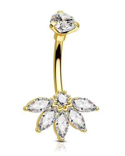 Agrewd Piercing Nombril Lotus 14G Bijou Anneau Nombril 10mm 316L Acier Chirurgical Belly Button Bar Or CZ Transparent Percing de Ventre pour Femmes