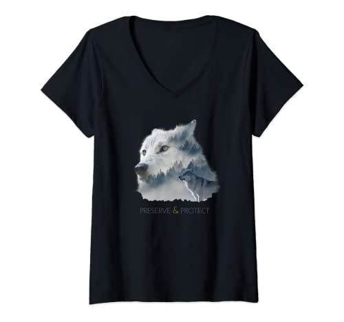 Mujer Wolf Preserve & Protect Protección del medio ambiente animal Arte Surreal Camiseta Cuello V