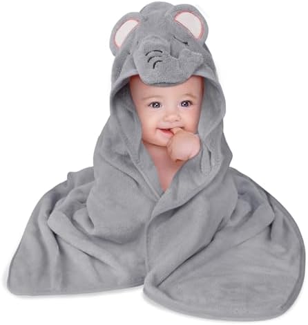 Aolso Kapuzenhandtuch Baby, 80 x 80 cm, Baby Badetuch Set, Babyhandtuch mit Kapuze, Bademantel aus Korallenvliesfür, Kapuzenbadetuch für Neugeborene und Säuglinge, Grau Elefant
