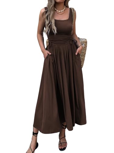 Image of Mieazom Women's Boho Summer Maxi Dress with Pockets, Adjustable Waist, Sleeveless Casual Ruched Sundress for Beach Vacation