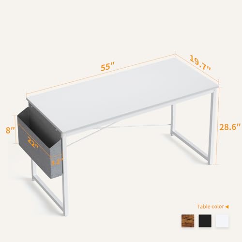 Image of Cubiker Computer Desk 55 inch Home Office Writing Study Desk, Modern Simple Style Laptop Table with Storage Bag, White Metal Frame, White