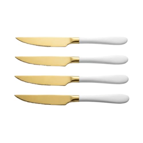 Set 4 Coltelli da Cucina Coltello da Colazione Bistecca Seghettati in Acciaio Coltelli da Tavola Lama 11 cm, Adatto per Carne Pomodoro Affettare Pane Posate Lavabile in Lavastoviglie Dorate Colore Oro
