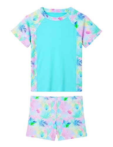 Image of Girls Swimsuit 2 Piece Rash Guard Set Short Sleeve Bathing Suits UPF 50+ Summer Beach Swimwear