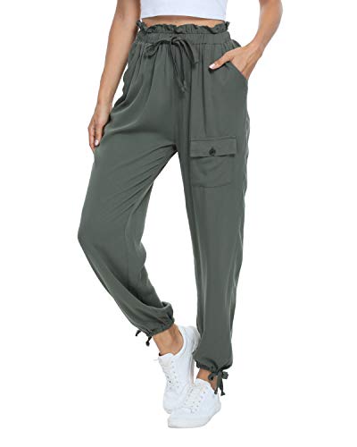 andy & natalie Women\'s Elastic Waist Cargo Drawstring Pants Paper Bag Pockets Ankle Tie Jogger Sweatpants Trouser Green