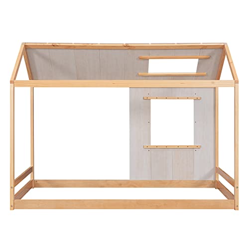 Twin House Bed Wood Kids Floor Bed Frame Cottage Style Cabin Beds Rustic Design Playhouse Bed With Roof And Window For Girls Boys Teens Children, Natural And Antique White #TOP6