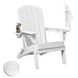 Plawdlik Folding Adirondack Chair, SGS Tested, Wooden Textured with Cup Holder, Heavy All-Weather HDPE Comfortable Set Poolside Backyard Lawn White