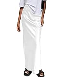 Women's Elegant Satin Silky High Waist Maxi Skirt Elegant Side Zipper Flowy A Line Long Skirts White