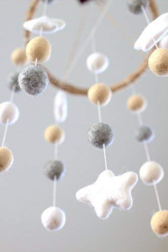 Felt Ball & Star Nursery Ceiling Mobile- Almond, Gray & White #TOP4