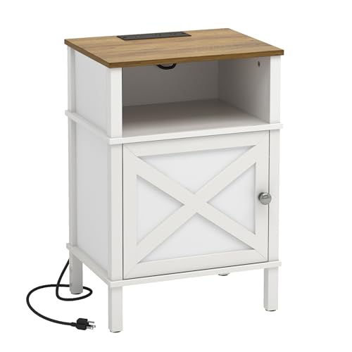 CIILAAILE Farmhouse Nightstand with Charging Station, White Bedside Table with USB&Type-C Ports and...