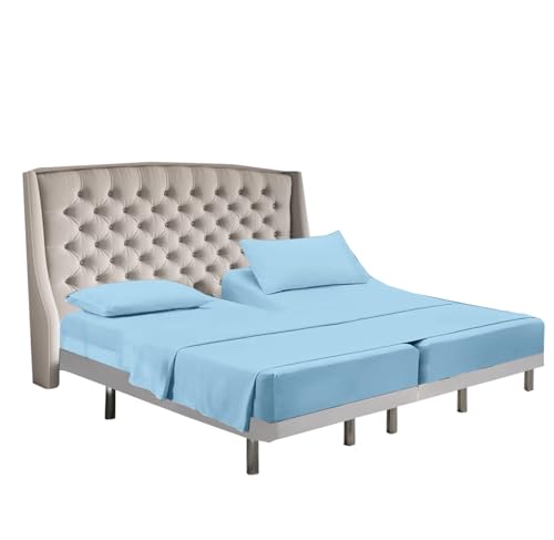 Image of Cottingon 5 PCs Split King Sheet Sets for Dual Adjustable Beds, Soft Luxury Microfiber XL Sheets for King Size Mattress Fits 15 to 18 deep Pocket, Light Blue