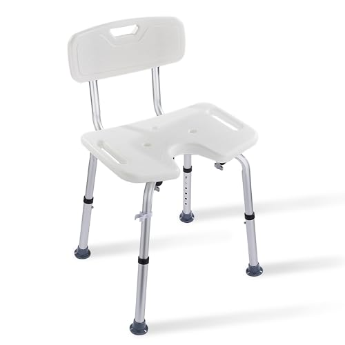 Modundry Silla Ducha Personas Mayores con Respaldo, Taburete Baño Asiento en U Antideslizante Altura Regulable Carga 150 kg Asiento de Baño para Ancianos y Discapacitados, Aluminio, Blanco