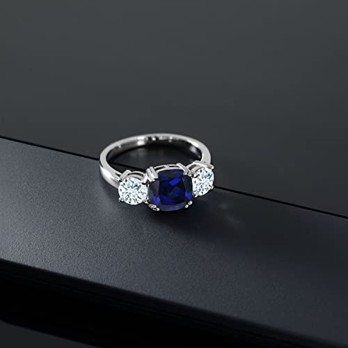 Gem Stone King 925 Sterling Silver Blue Created Sapphire and Sky Blue Aquamarine 3 Stone Engagement Ring For Women | 3.50 Cttw | Cushion 8MM | Available in Size 5,6,7,8,93